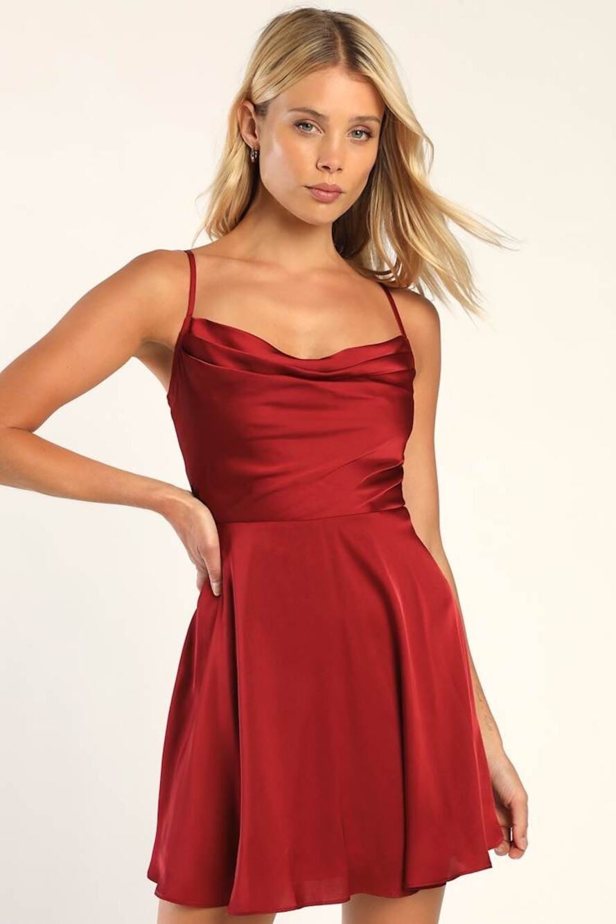 Lulus Red Satin Cowl Neck Spaghetti Strap Flare Dress Size S Small
